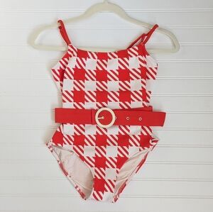 Solid & Striped  Red And White Nina Belted One Piece Swimsuit S